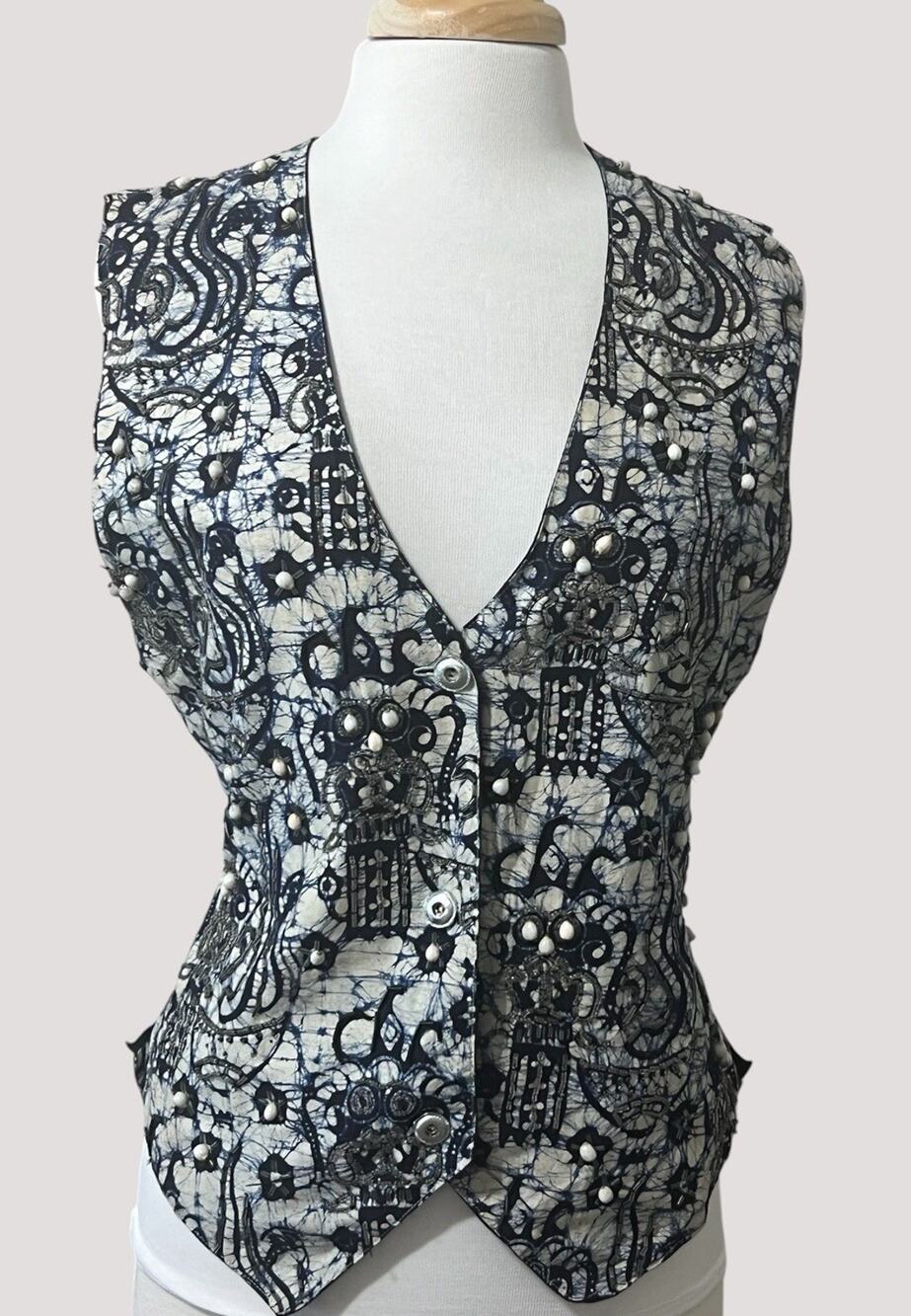 Vtg Theo Vest size L Blue Paisley Batik Beaded 90s Indie Boho Grunge